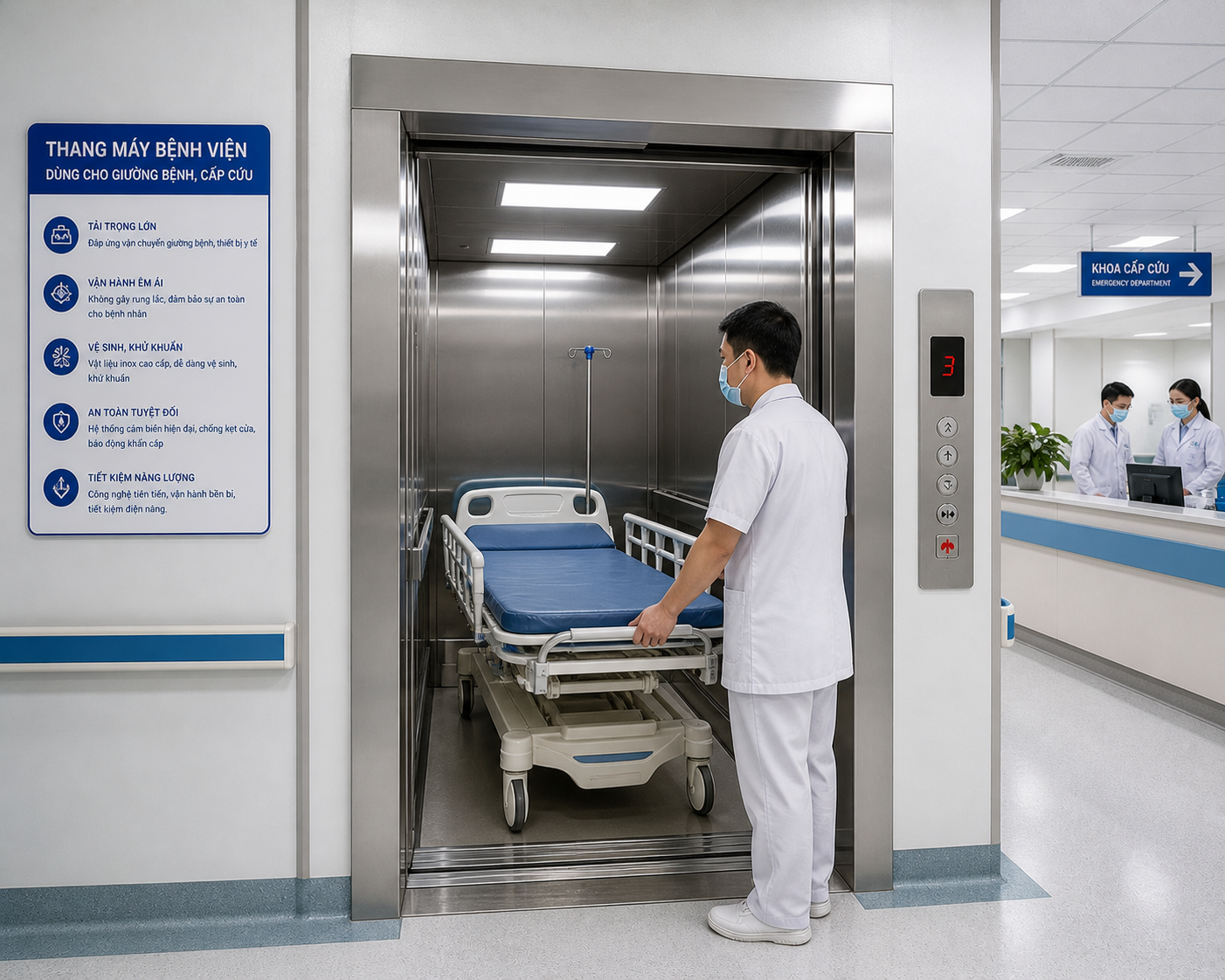 Thang máy bệnh viện chuyên chở giường bệnh cấp cứu với nhân viên y tế điều khiển trong khu cấp cứu hiện đại